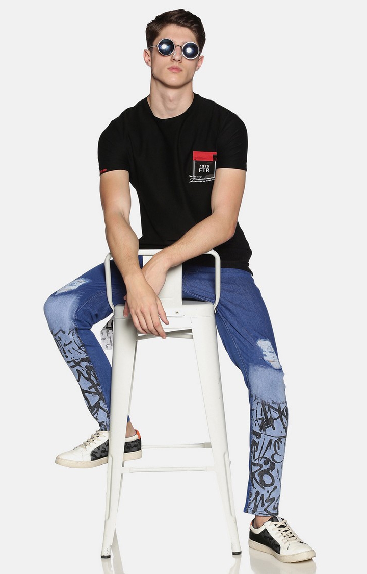KULTPRIT | Kultprit Light Washed Skinny Fit Printed Jeans For Men 1