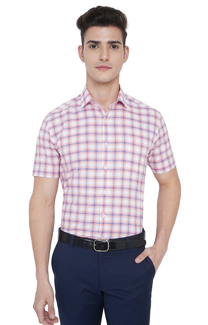 JBR1109/1,ORANGE CHEX (R) Men's Blue Cotton Checked Formal Shirts
