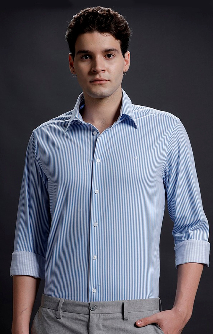 Aldeno | Men's Blue Cotton Striped Formal Shirt