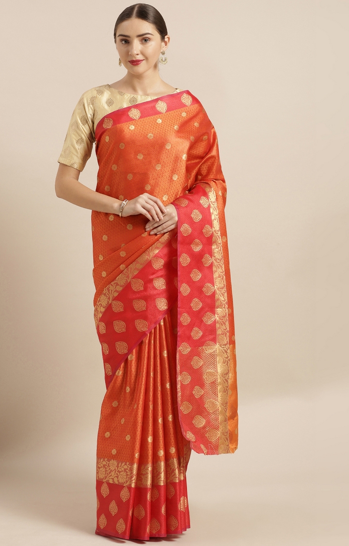 Vastranand | VASTRANAND  Orange & Red Kora Muslin Silk Blend Woven Design Kanjeevaram Saree 0