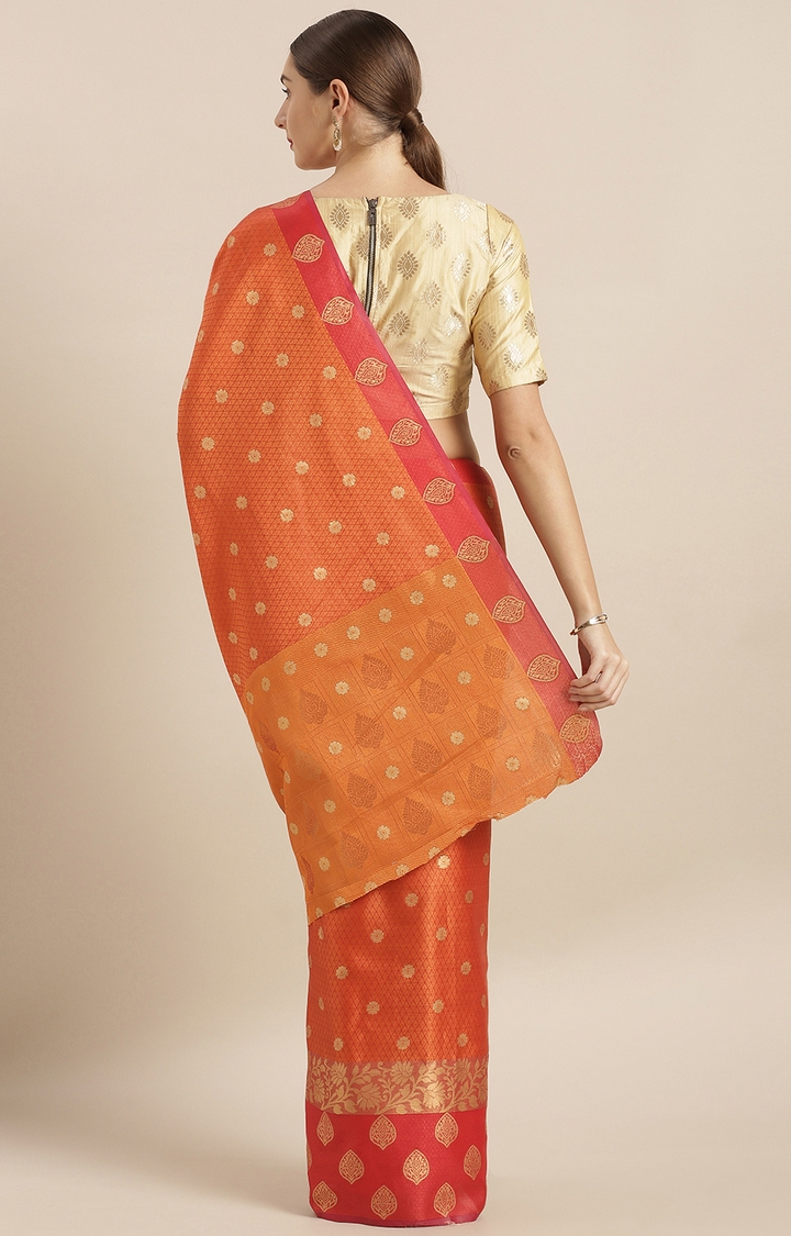 Vastranand | VASTRANAND  Orange & Red Kora Muslin Silk Blend Woven Design Kanjeevaram Saree 1