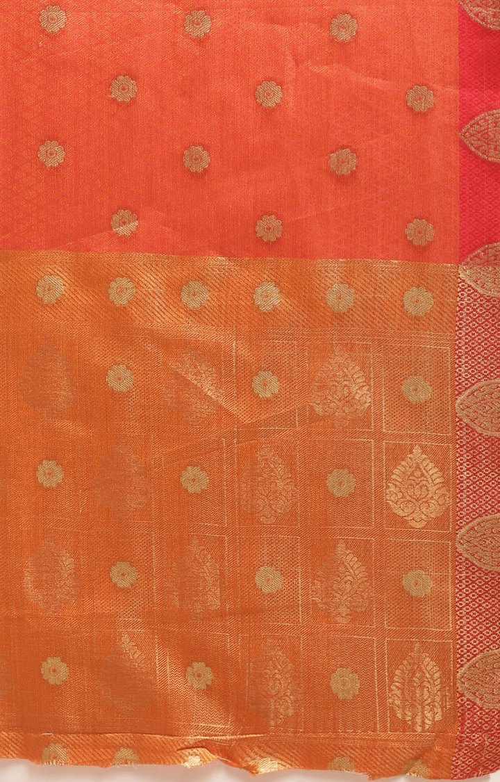 Vastranand | VASTRANAND  Orange & Red Kora Muslin Silk Blend Woven Design Kanjeevaram Saree 2