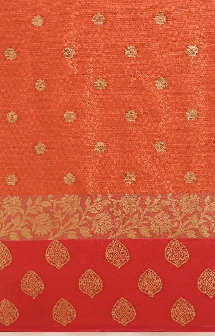Vastranand | VASTRANAND  Orange & Red Kora Muslin Silk Blend Woven Design Kanjeevaram Saree 3
