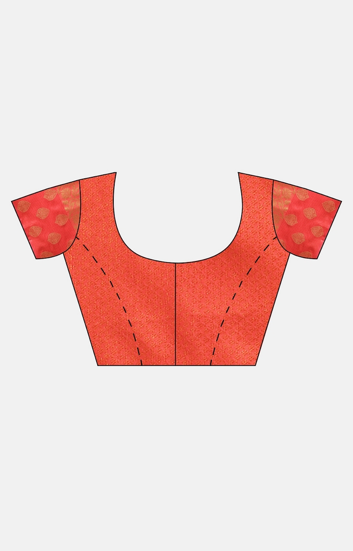 Vastranand | VASTRANAND  Orange & Red Kora Muslin Silk Blend Woven Design Kanjeevaram Saree 4
