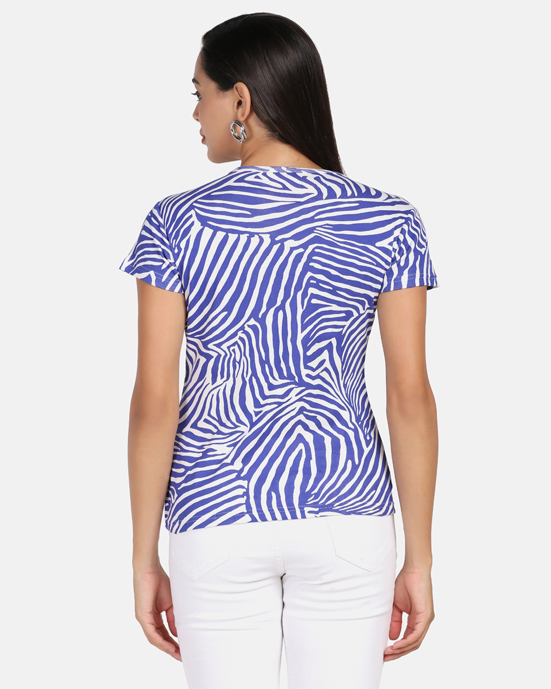 Abstract Blue Print V Neck Cotton 2/2 Rib T Shirt
