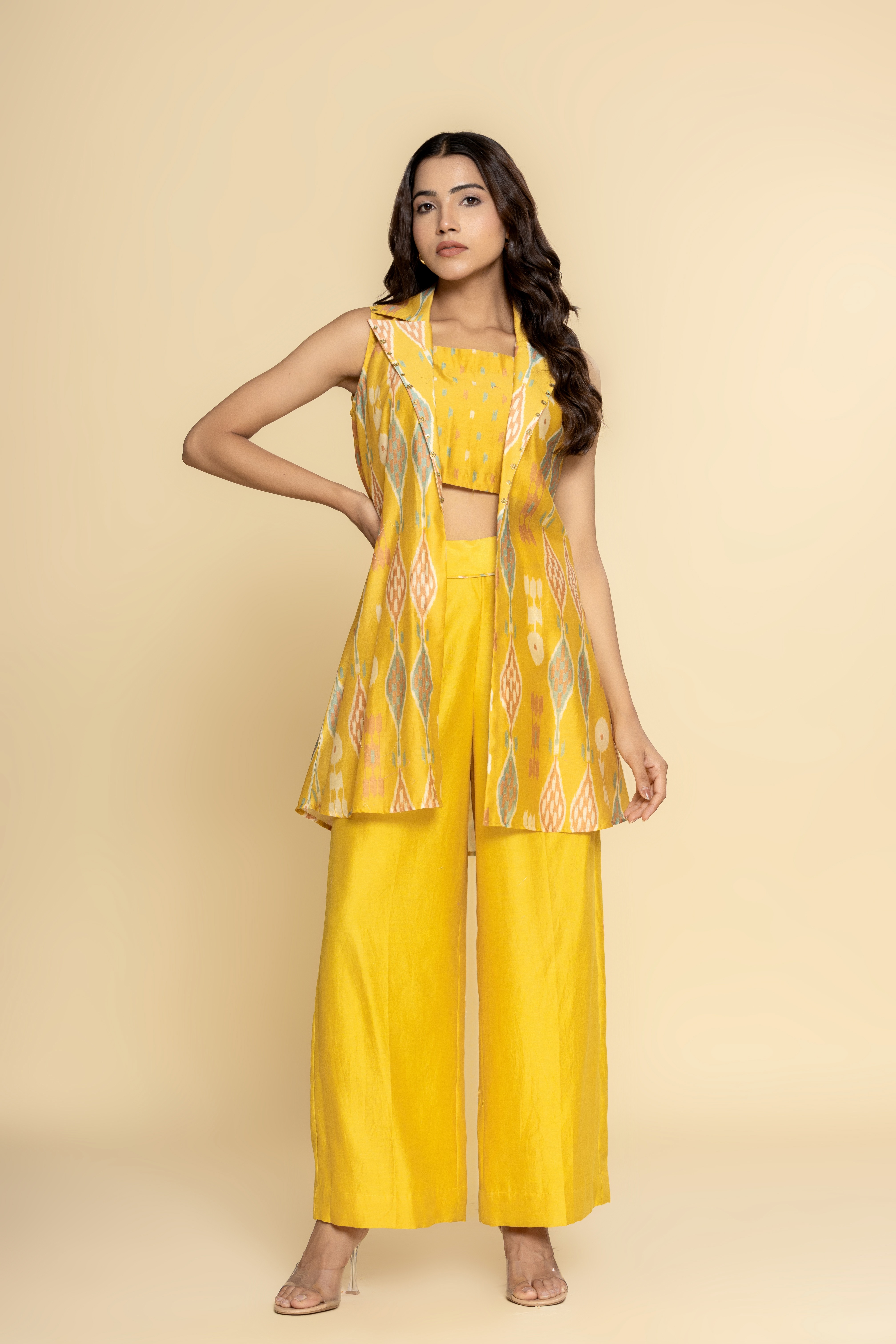 Mustard chanderi jacket with pants and bustier