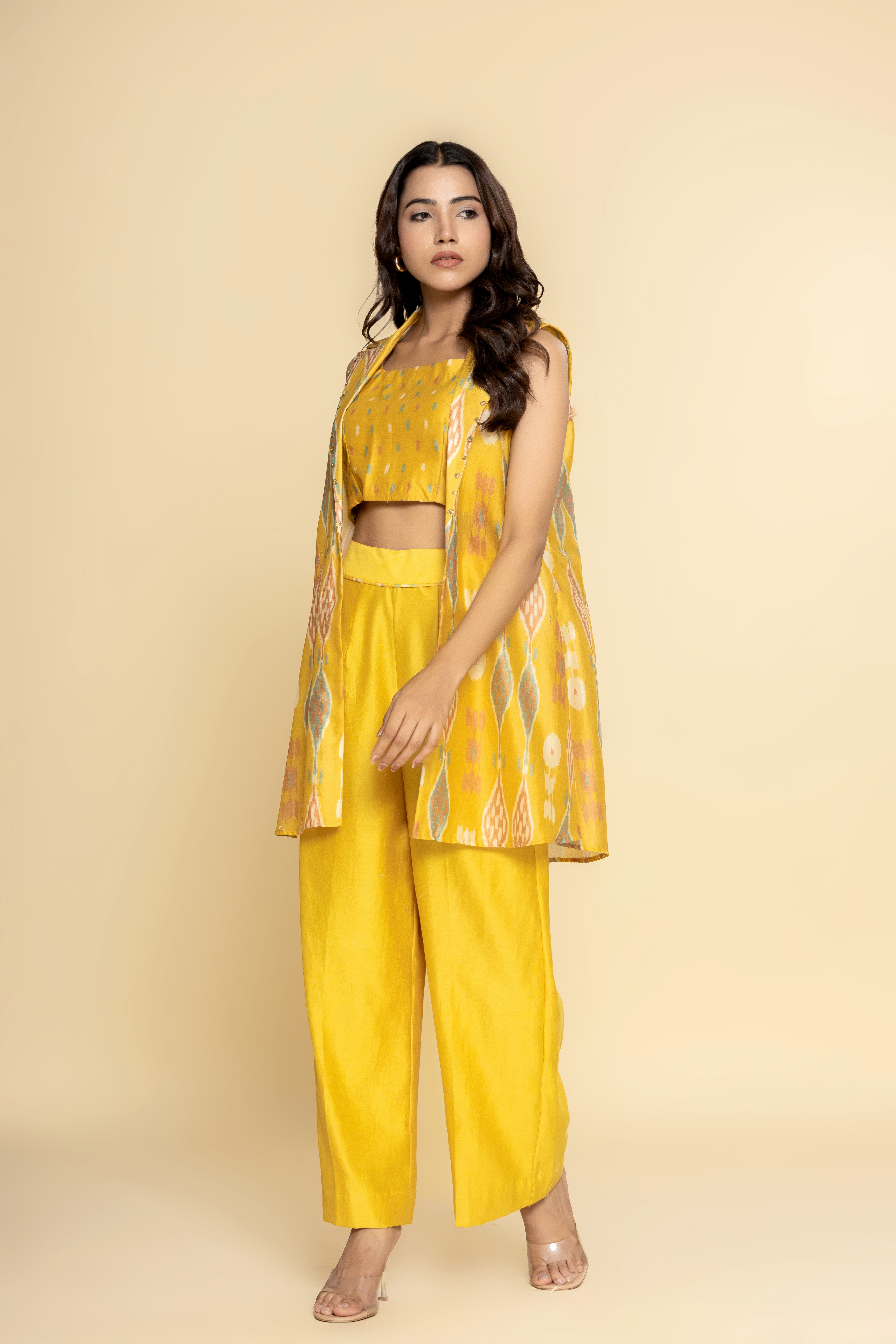 Mustard chanderi jacket with pants and bustier