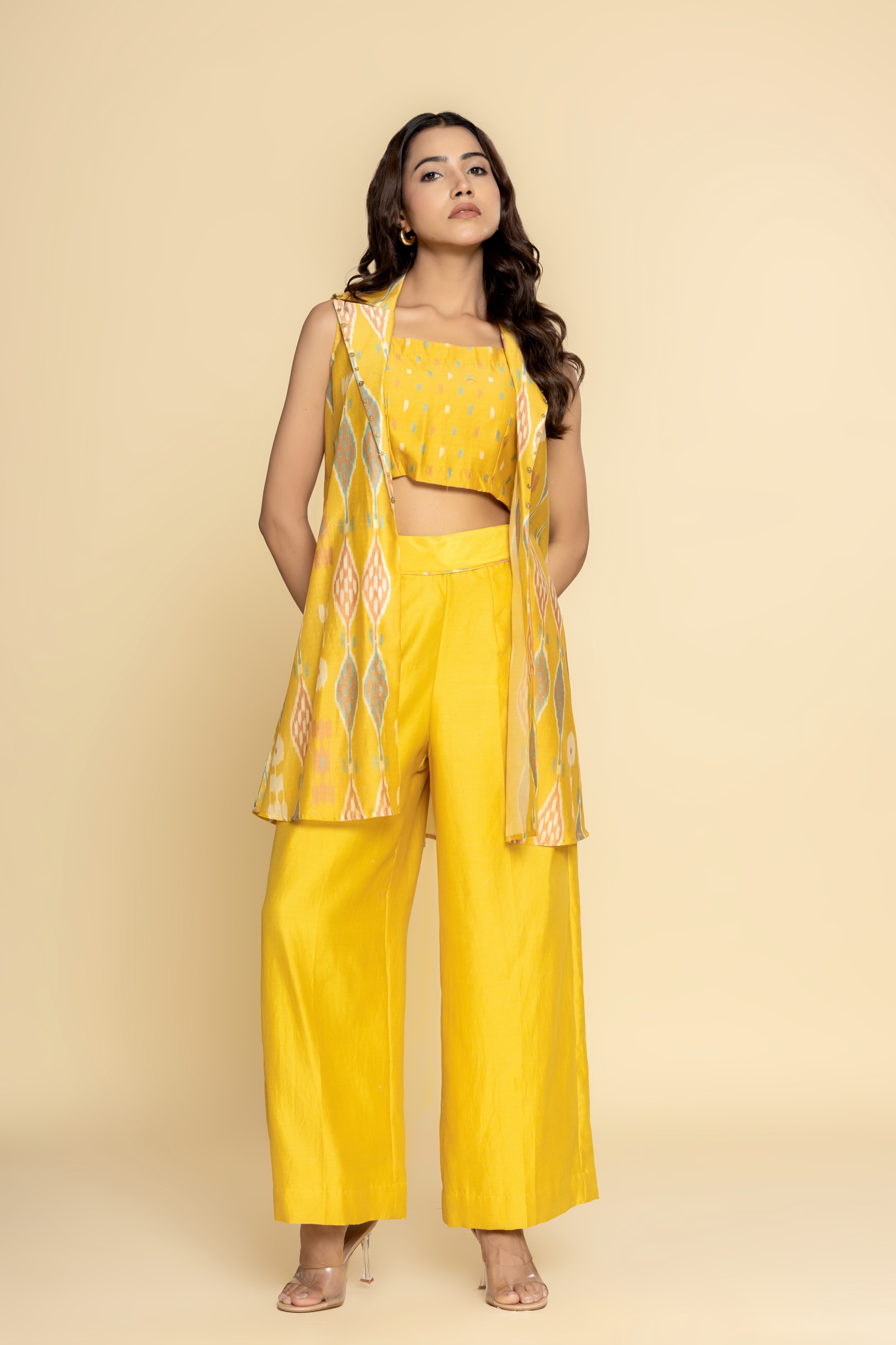 Mustard chanderi jacket with pants and bustier