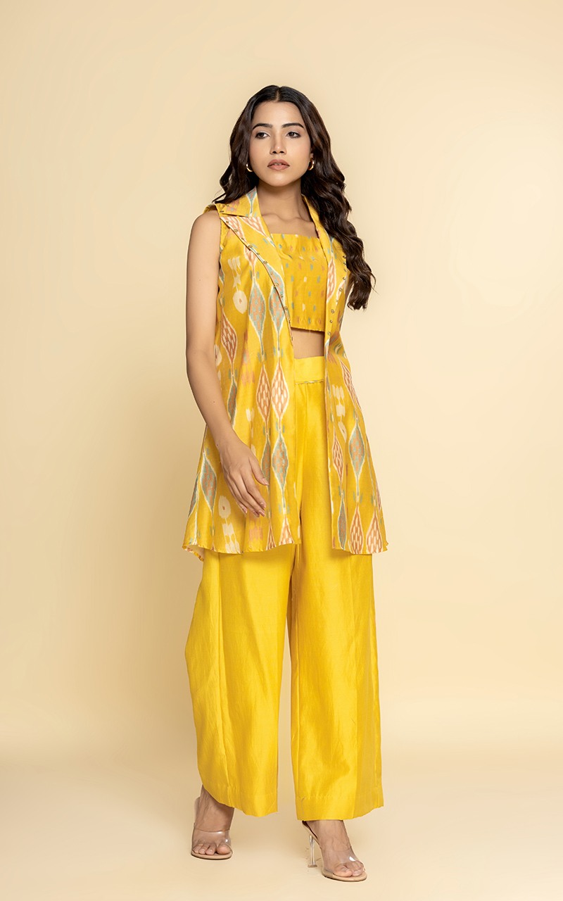 Mustard chanderi jacket with pants and bustier