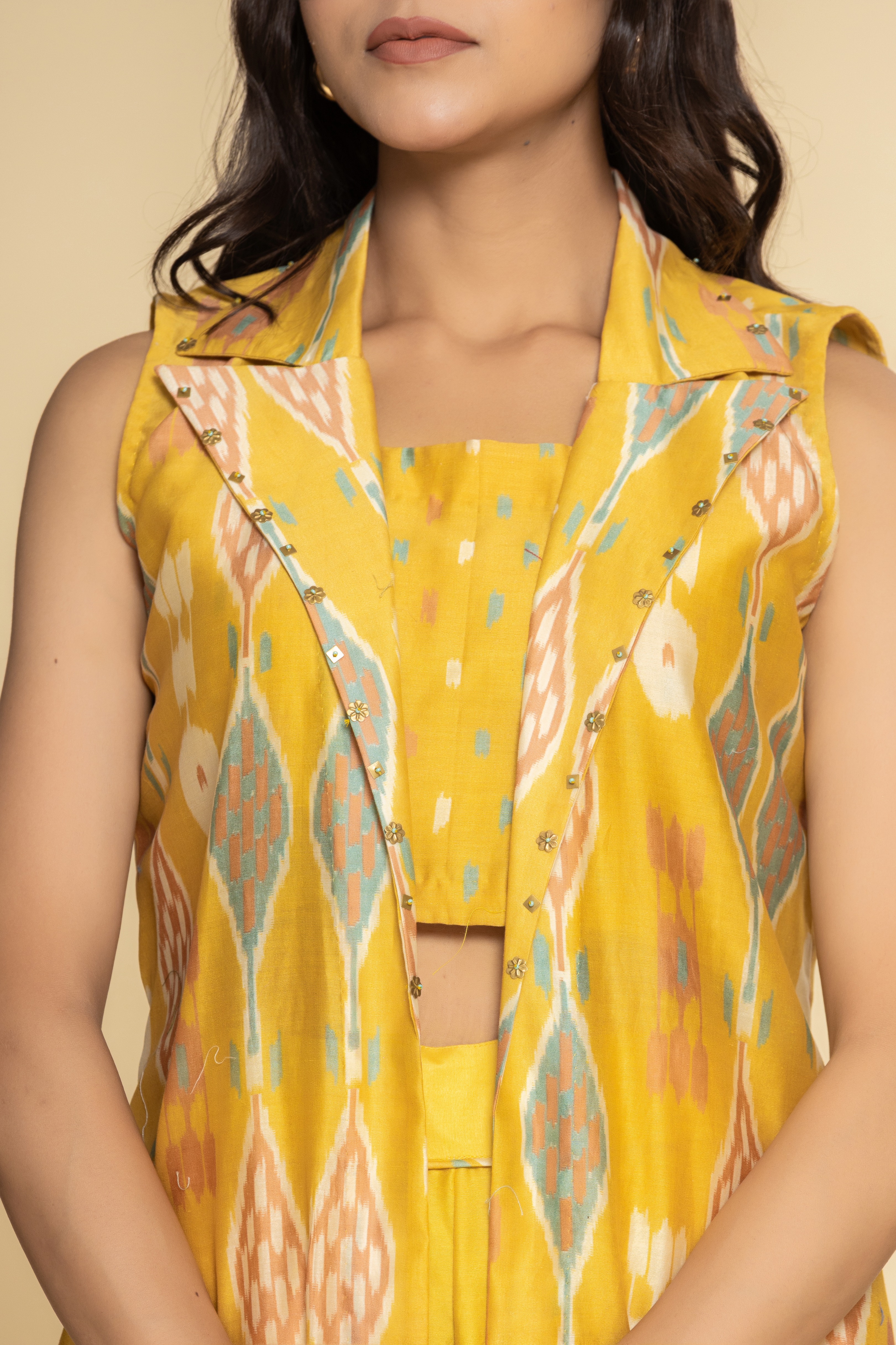 Mustard chanderi jacket with pants and bustier