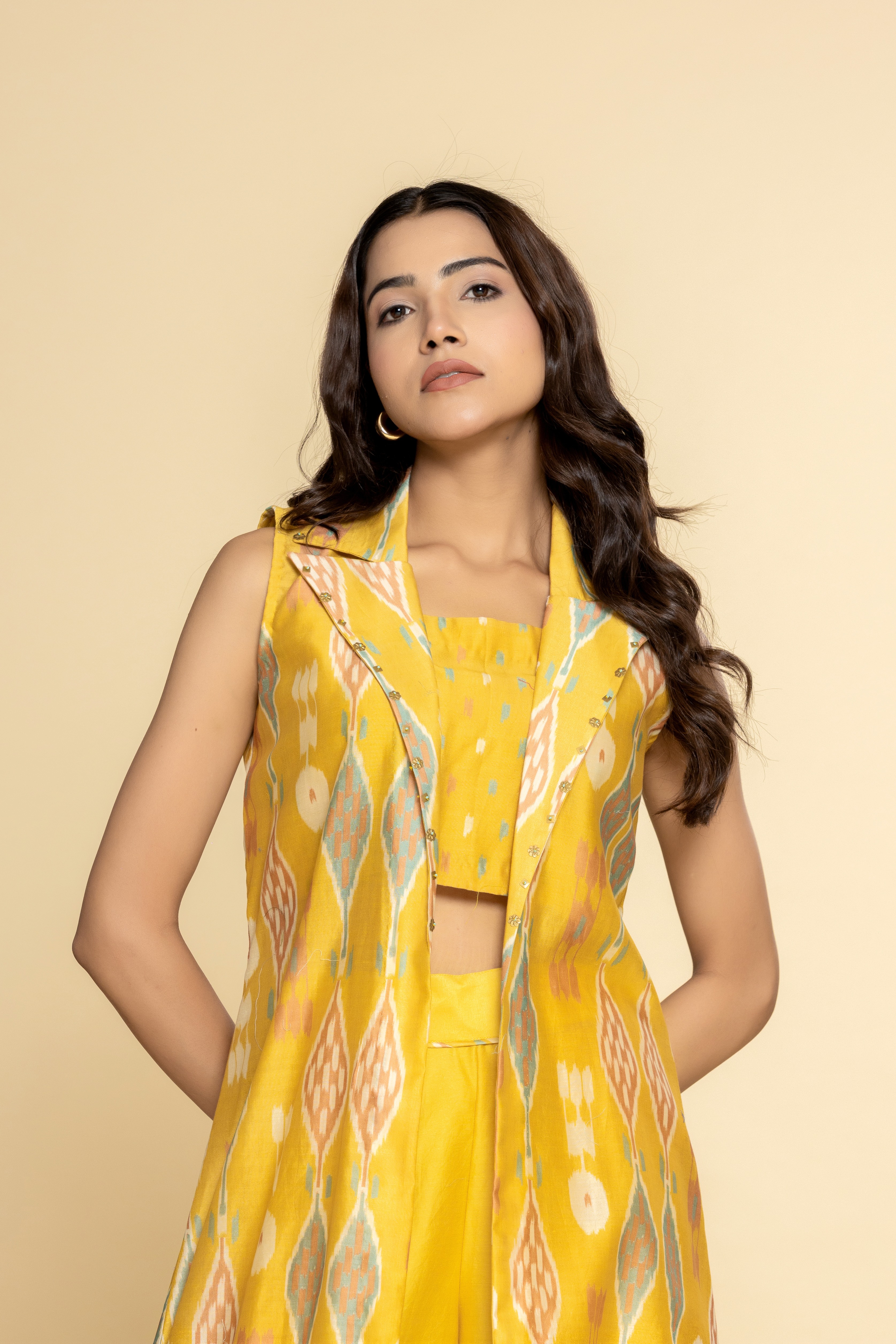 Mustard chanderi jacket with pants and bustier