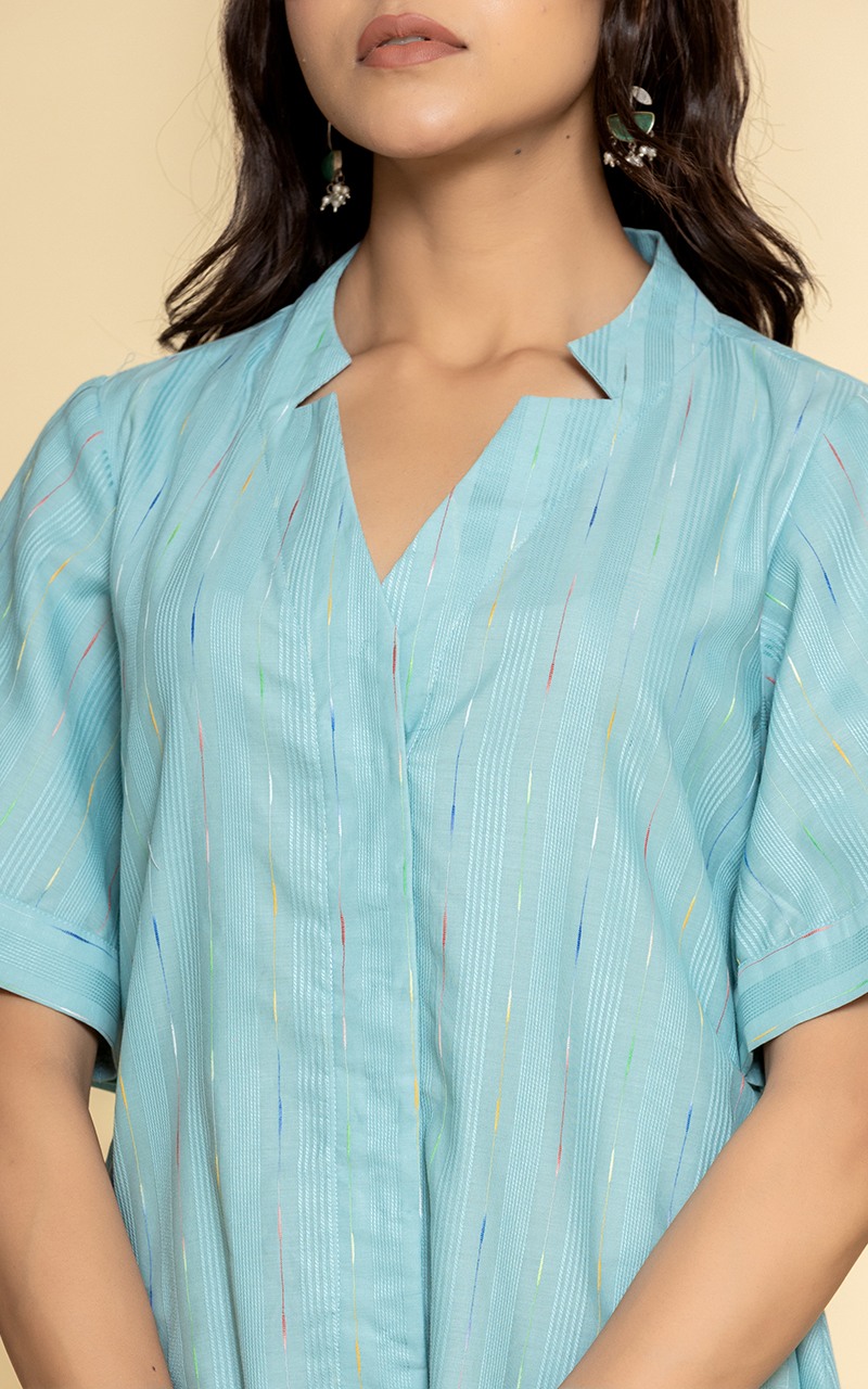 Blue dress with a V neckline