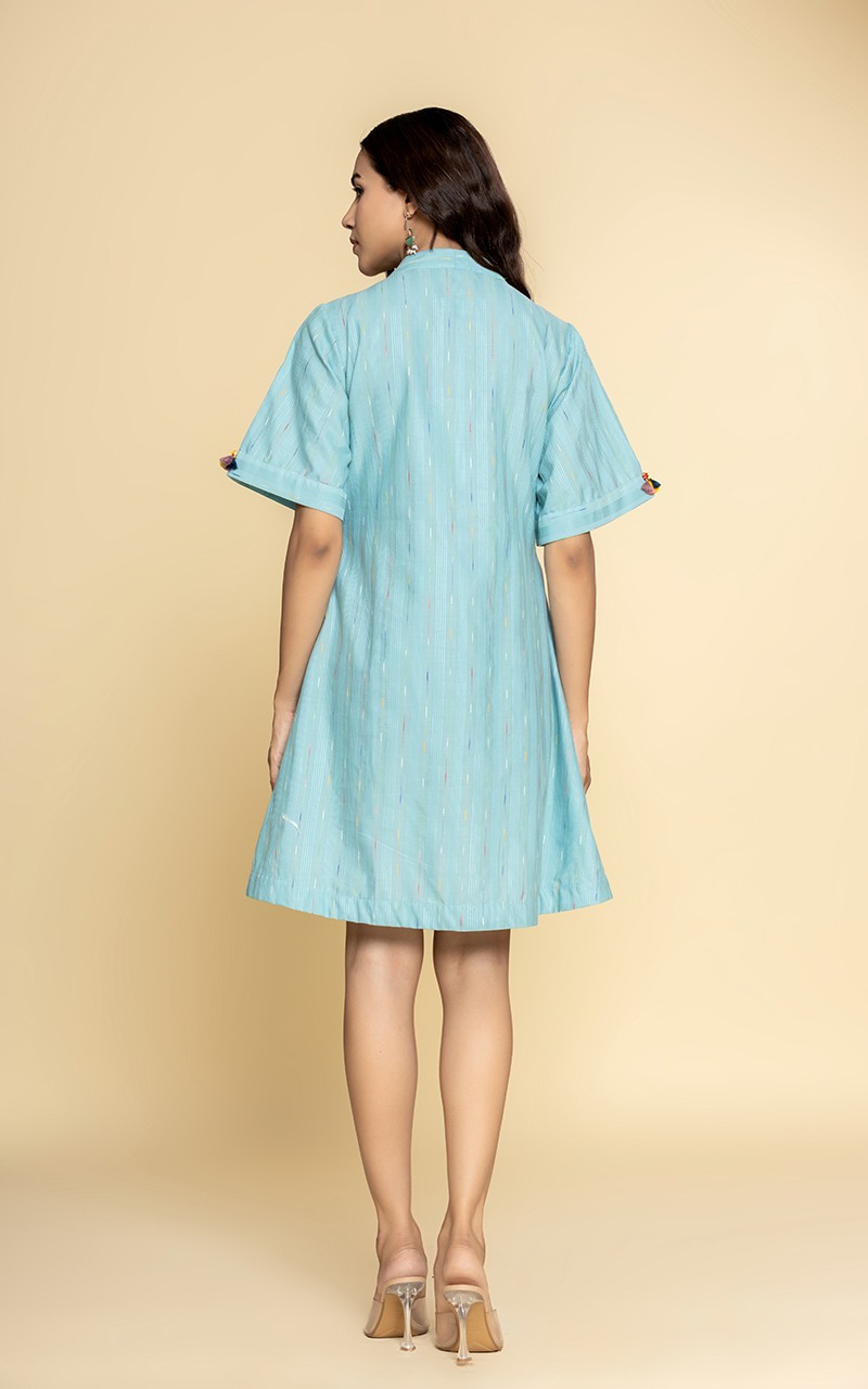 Blue dress with a V neckline