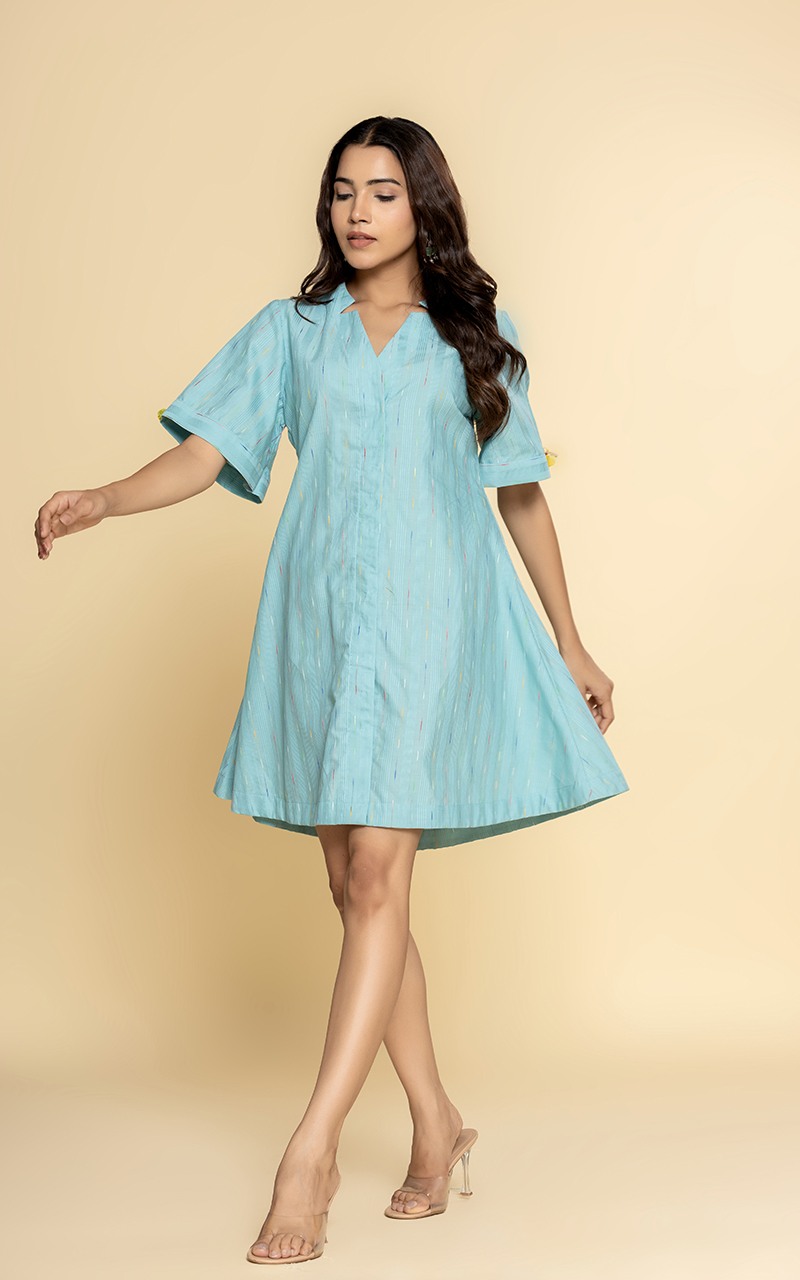 Blue dress with a V neckline