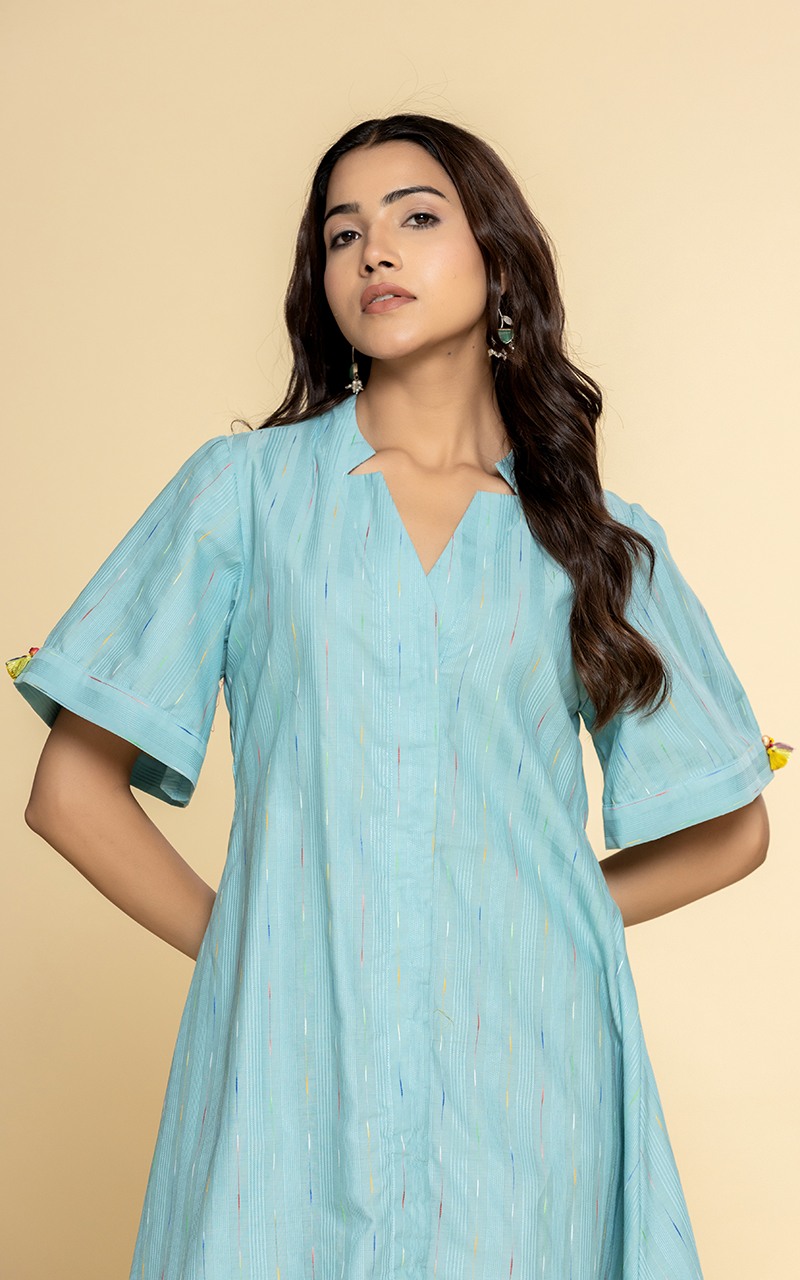 Blue dress with a V neckline
