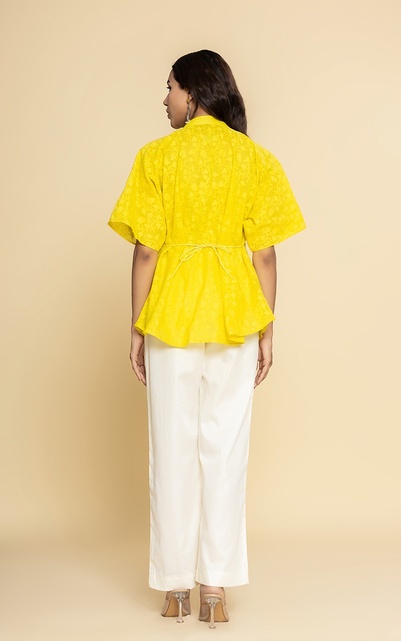Yellow Chanderi jacquard top with hand work