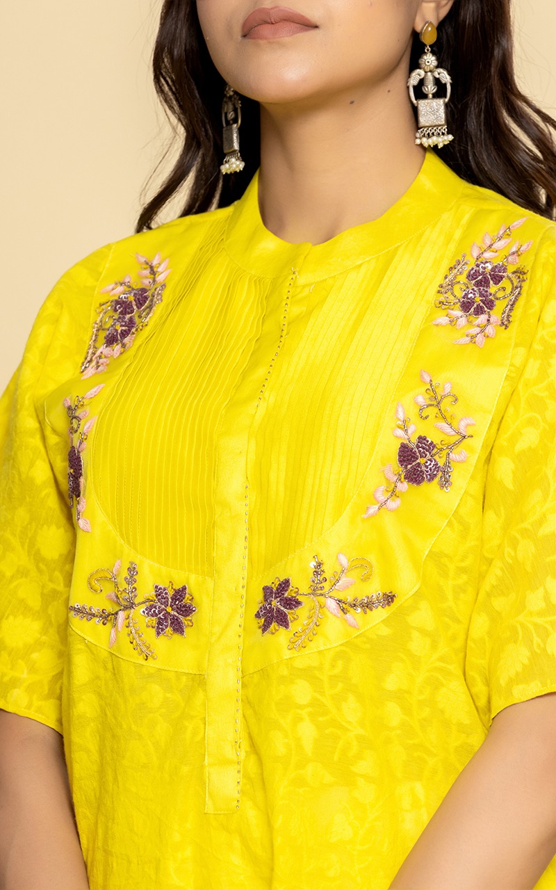 Yellow Chanderi jacquard top with hand work