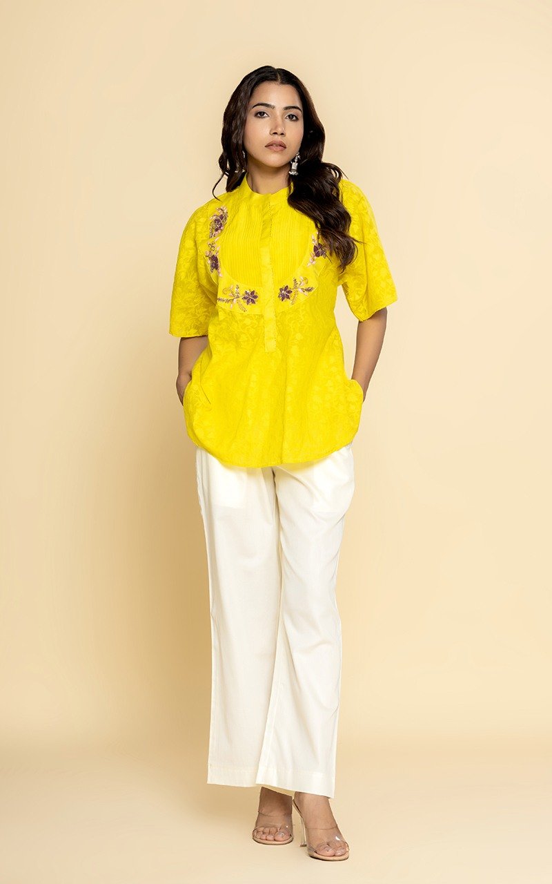 Yellow Chanderi jacquard top with hand work