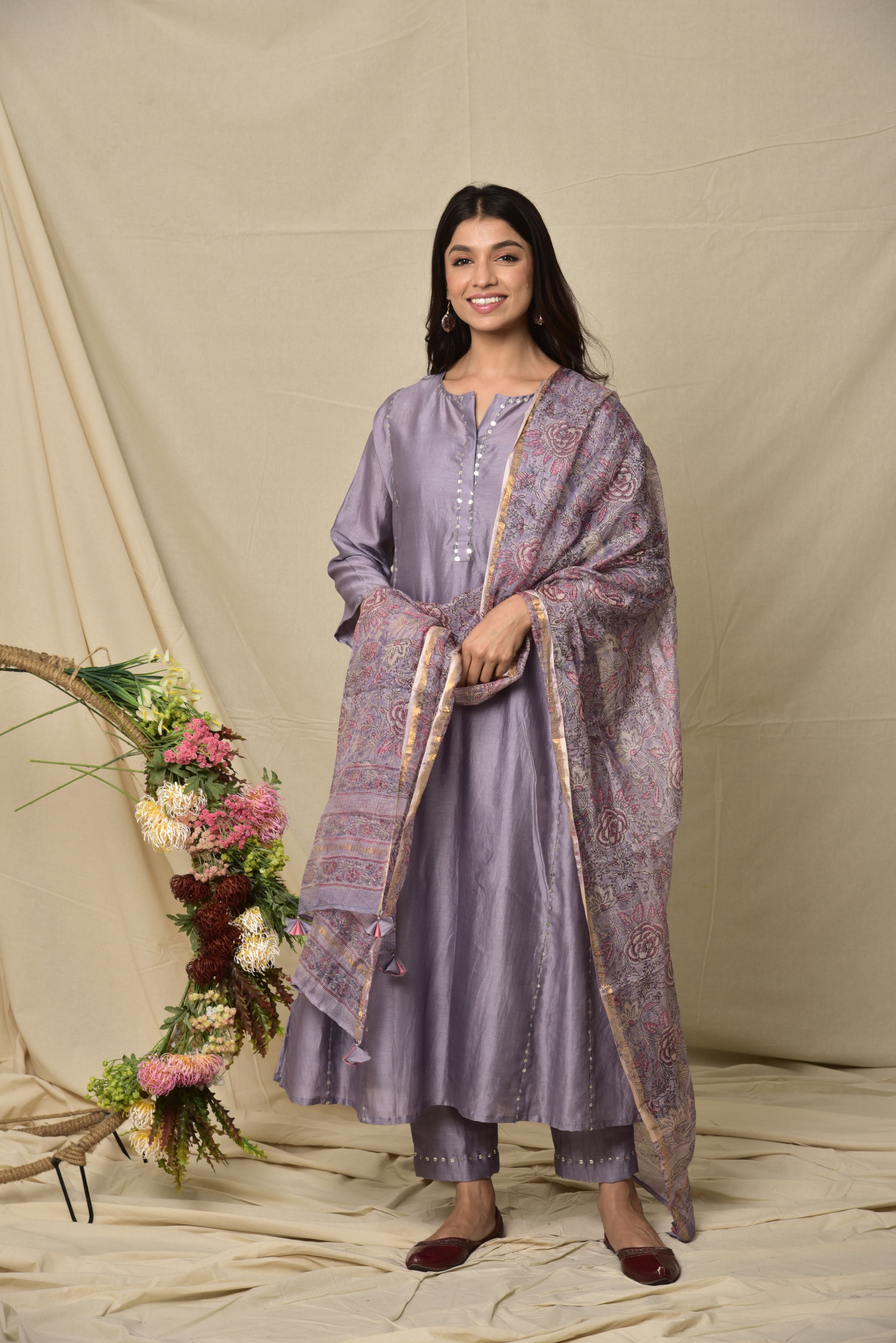 KAARAH BY KAAVYA | Purple thick chanderi panelled kurta with sequence work all over and comes with a kota silk printed dupatta with sequence work undefined
