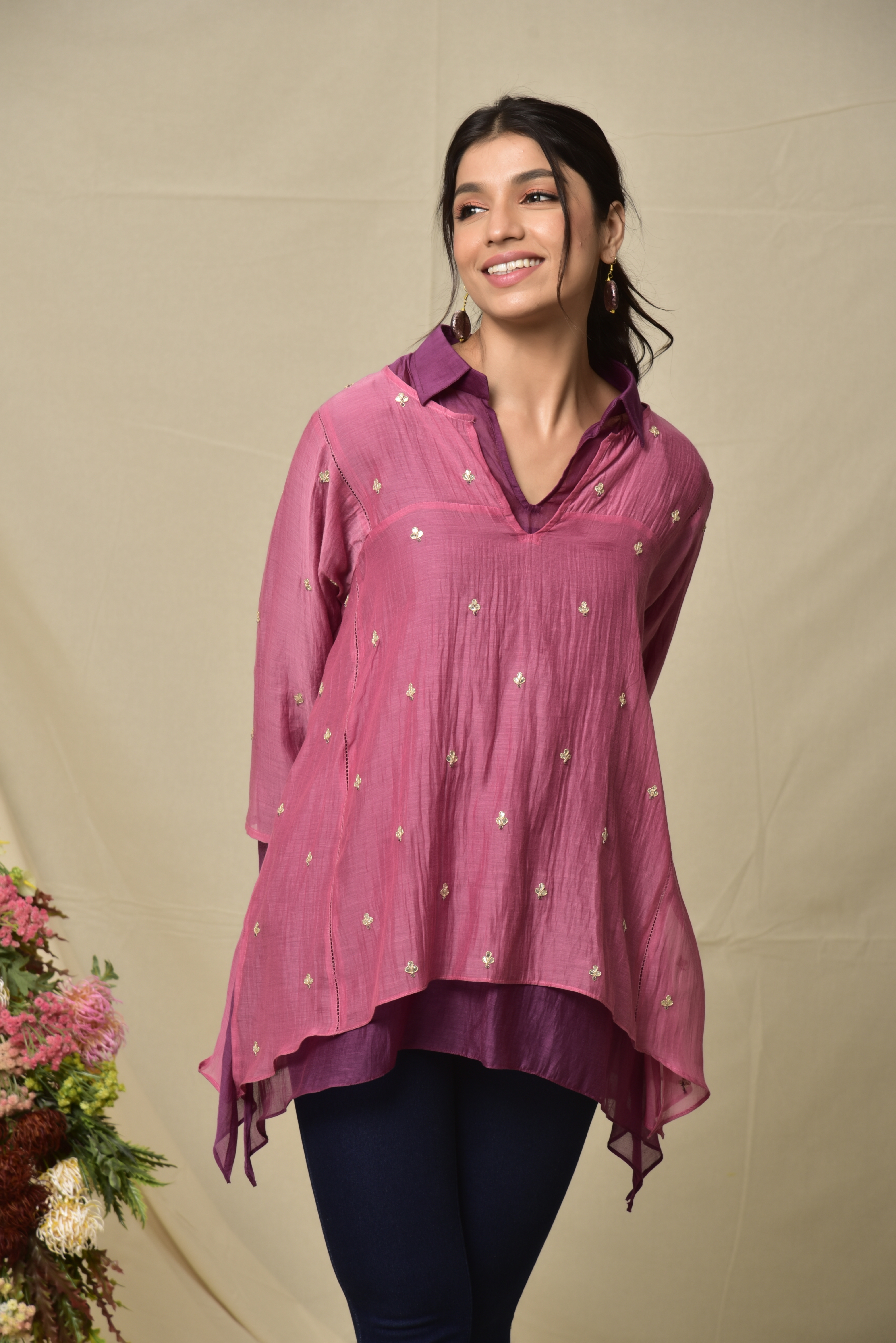 KAARAH BY KAAVYA | Wine Pink Double Layered Top With Gota Patti Work undefined