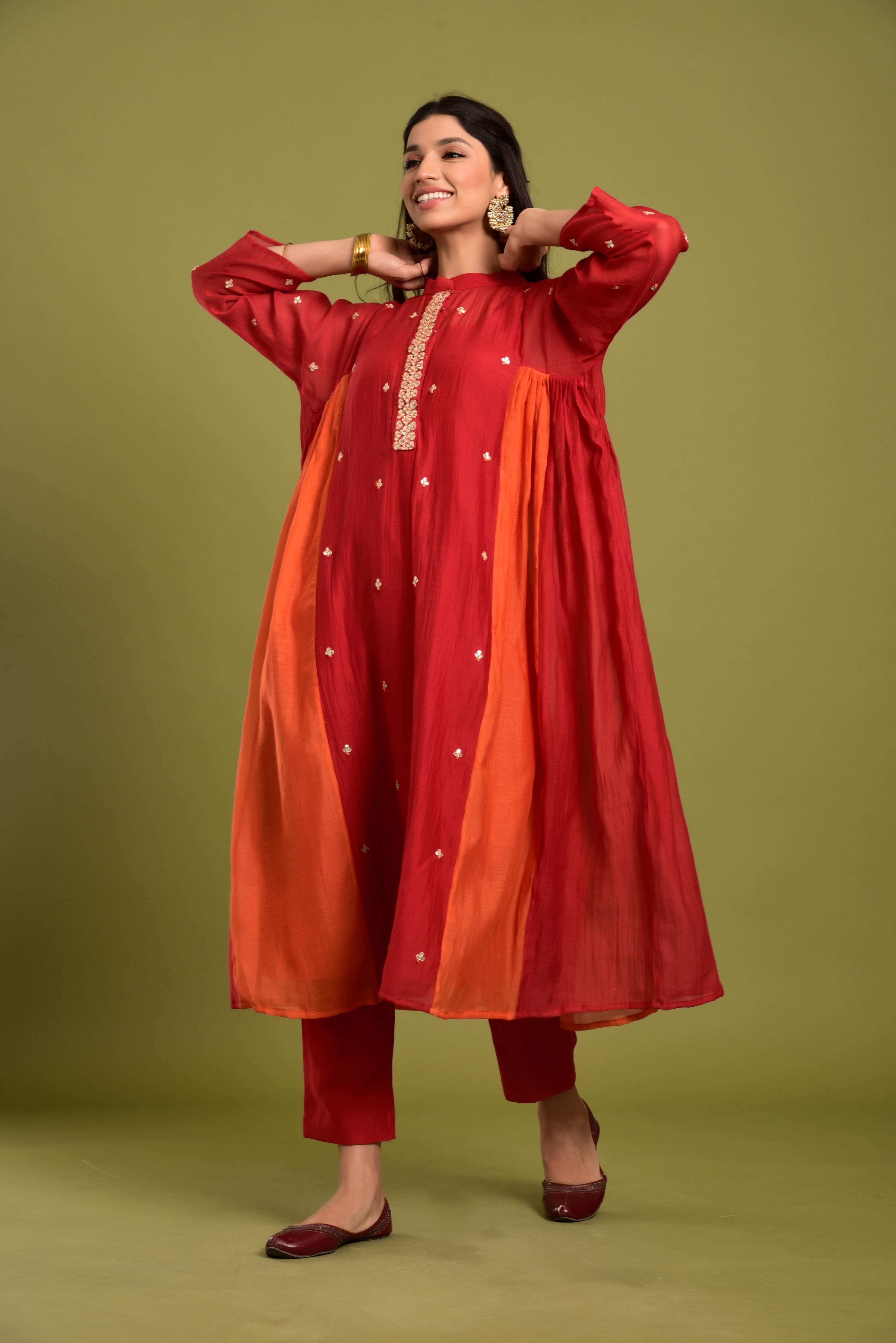 KAARAH BY KAAVYA | Red Orange Side Gathered Kurta With Gota Patti Work undefined