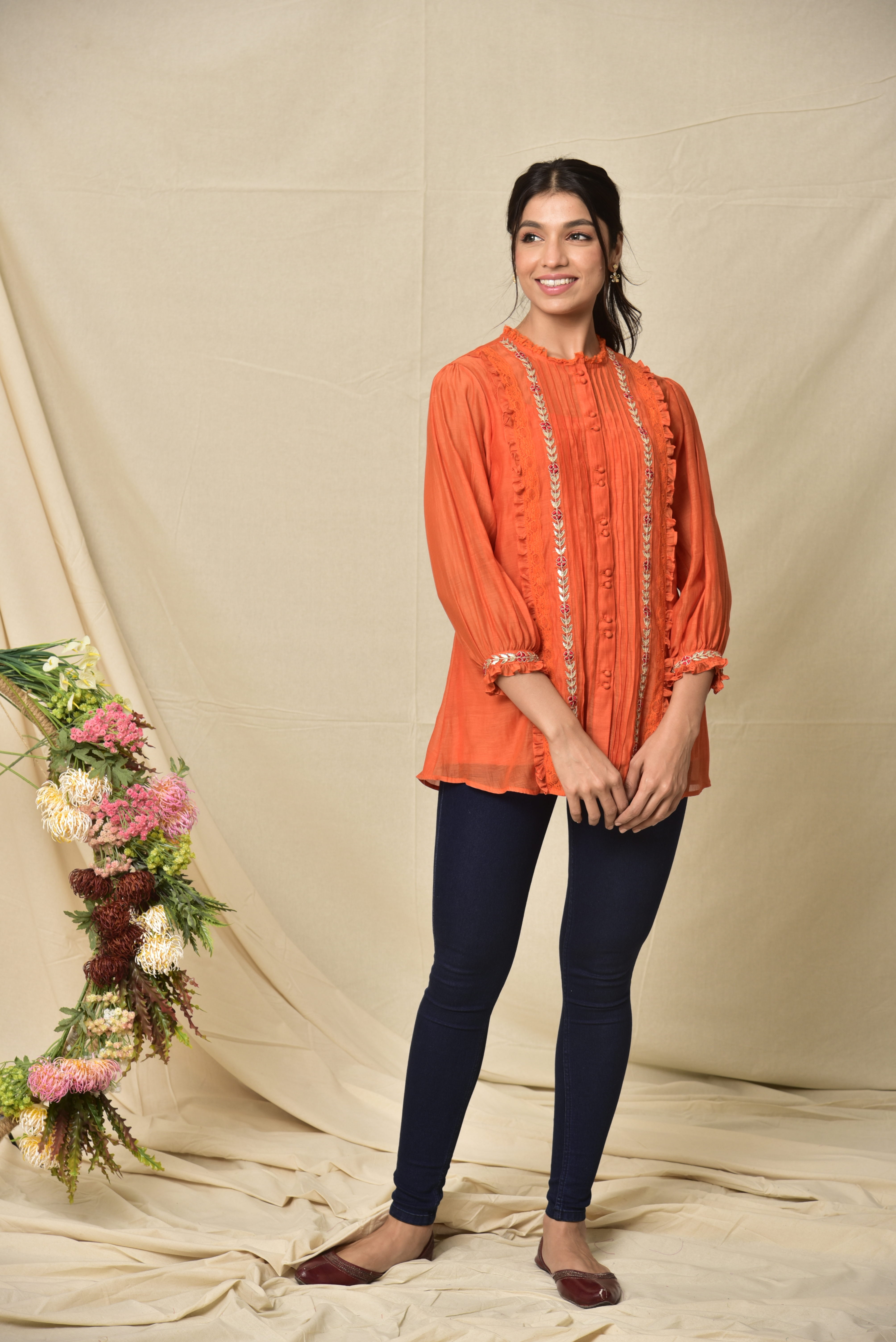 KAARAH BY KAAVYA | Orange Chanderi Lace Top With Gota Border on Both Side undefined