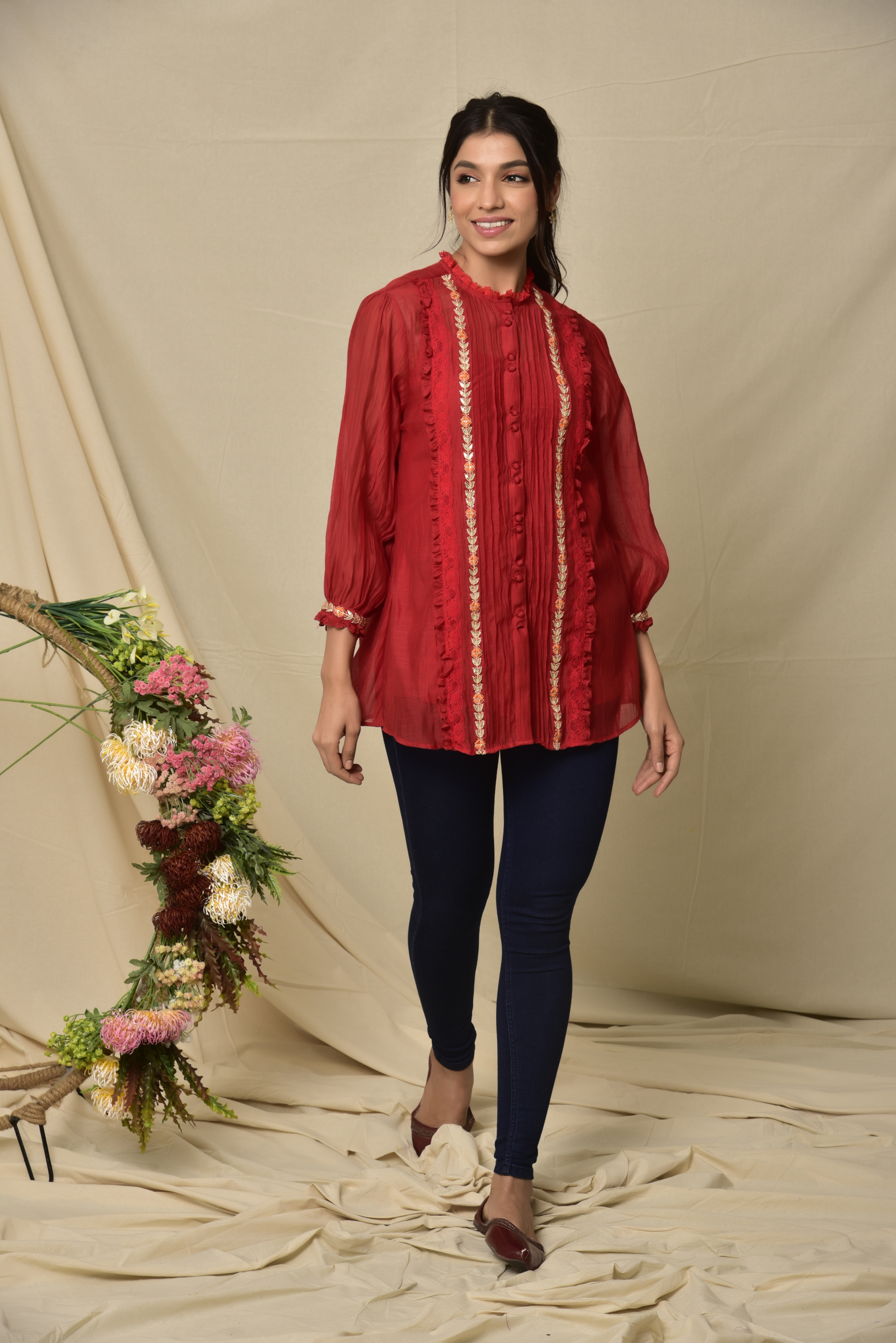KAARAH BY KAAVYA | Red Chanderi Lace Top With Gota Border on Both Side undefined