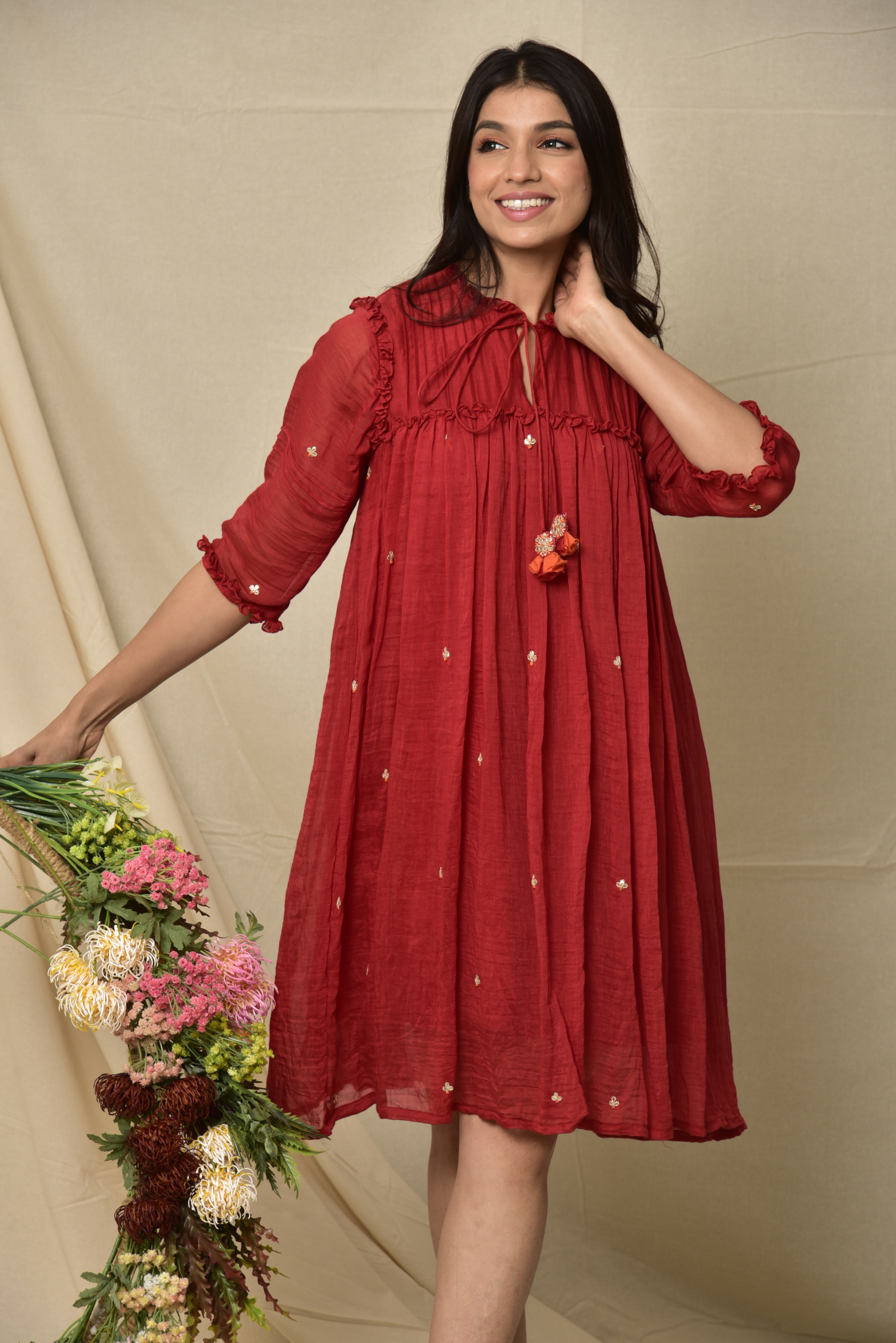 KAARAH BY KAAVYA | Red Chanderi Short Dress With Gota Patti Work undefined