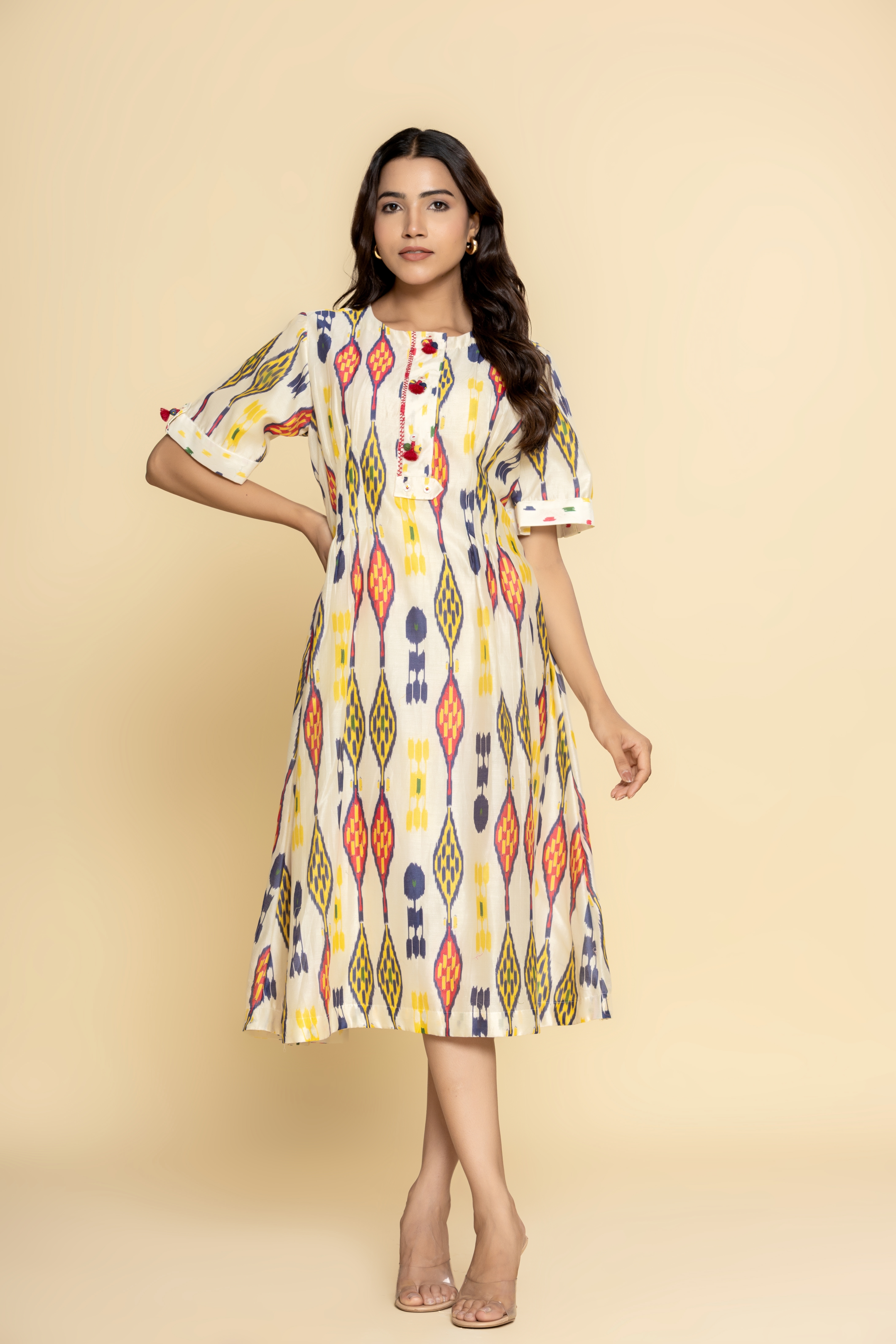 White Chanderi printed  dress with hand anchor work