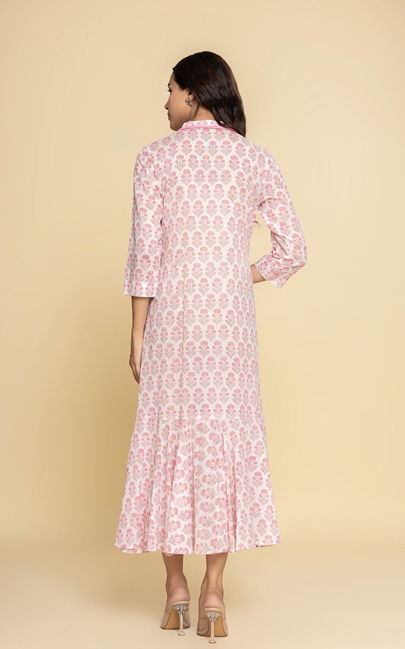 Block printed pink dress with a neckpiece