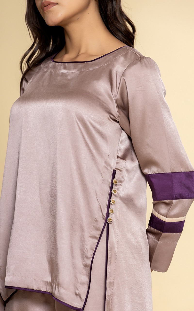 Purple co-ord set with side slits and button detailing