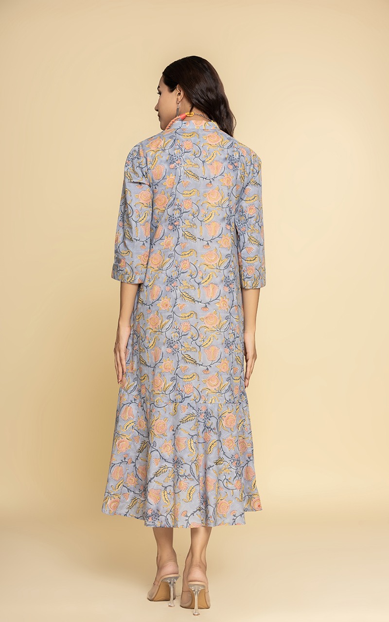 Block printed grey dress with a neckpiece