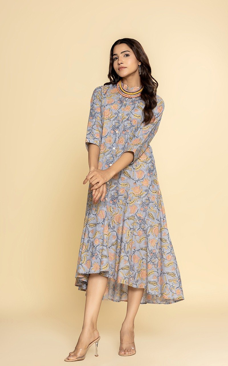 Block printed grey dress with a neckpiece