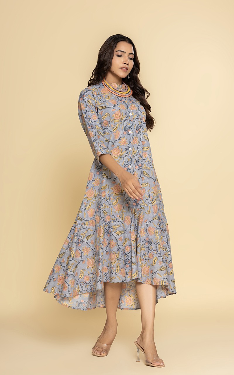 Block printed grey dress with a neckpiece