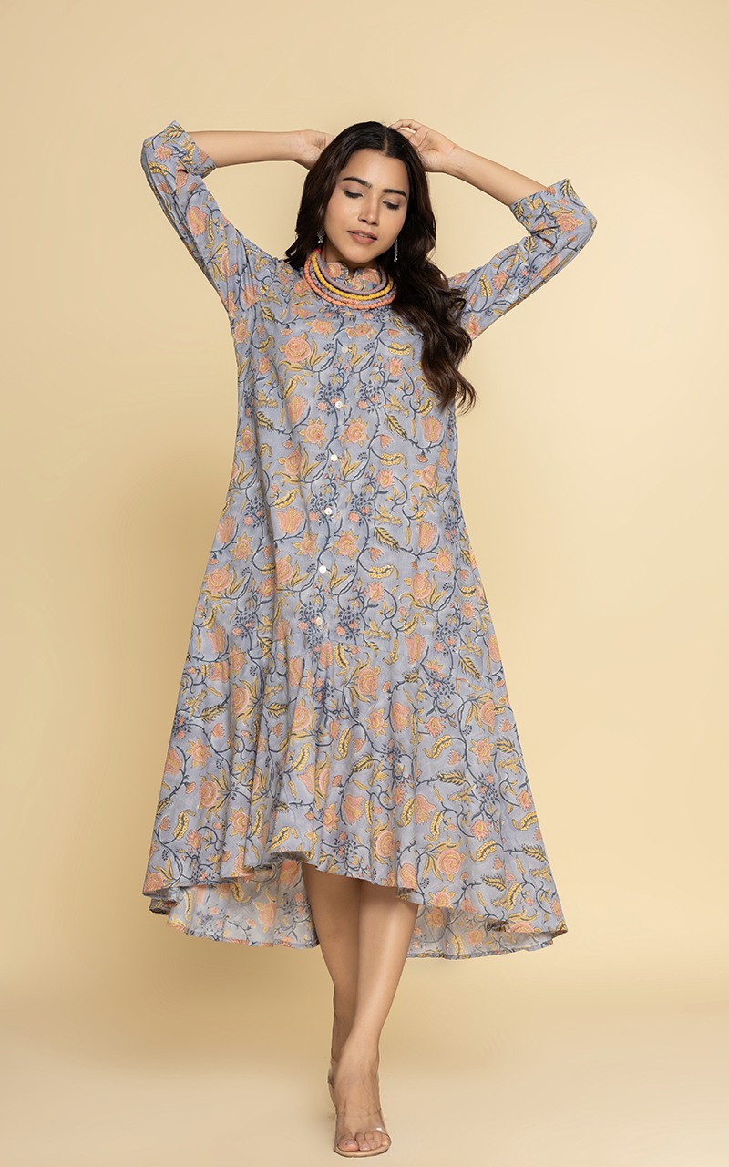 Block printed grey dress with a neckpiece