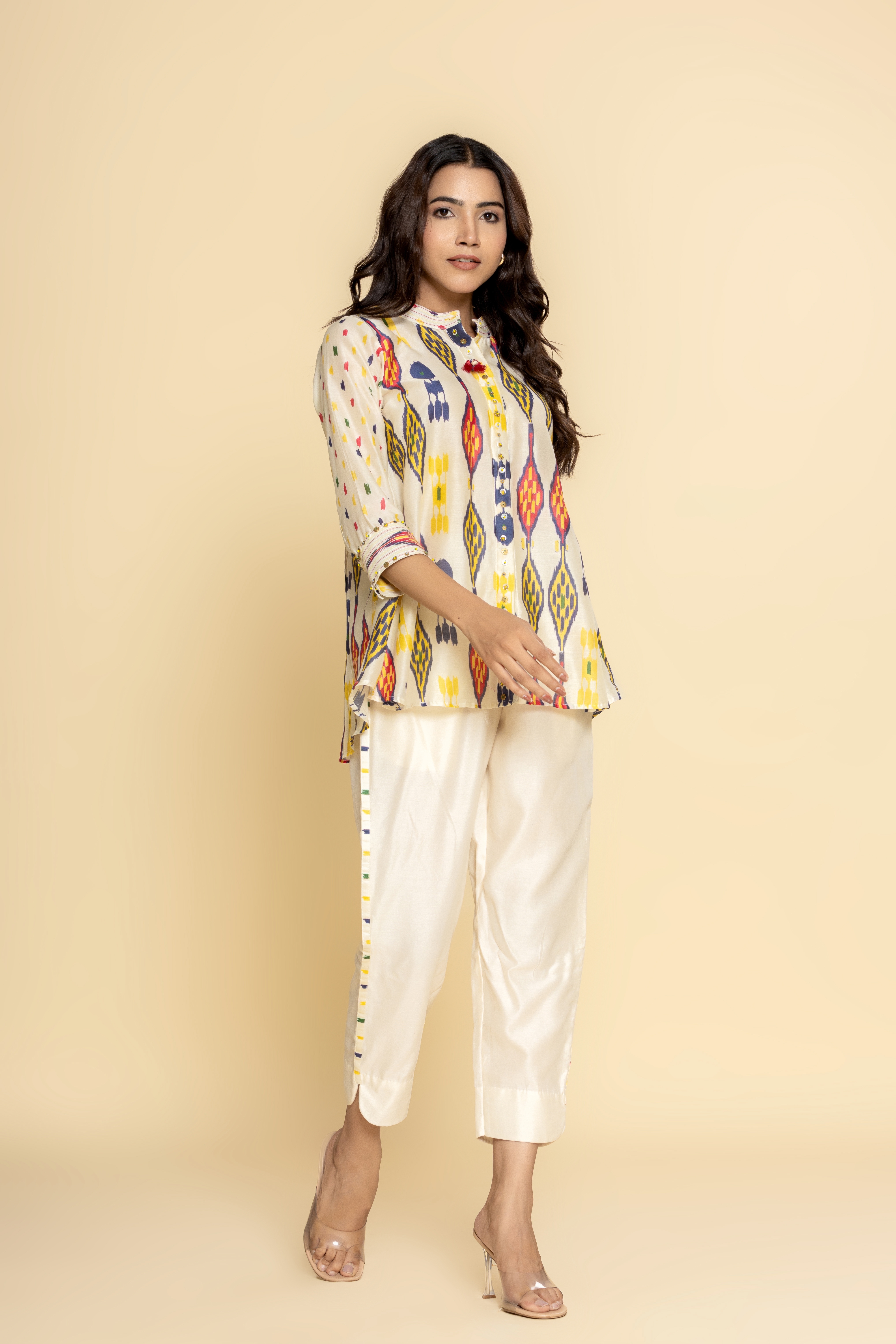 Printed white Chanderi pleated back top and pants