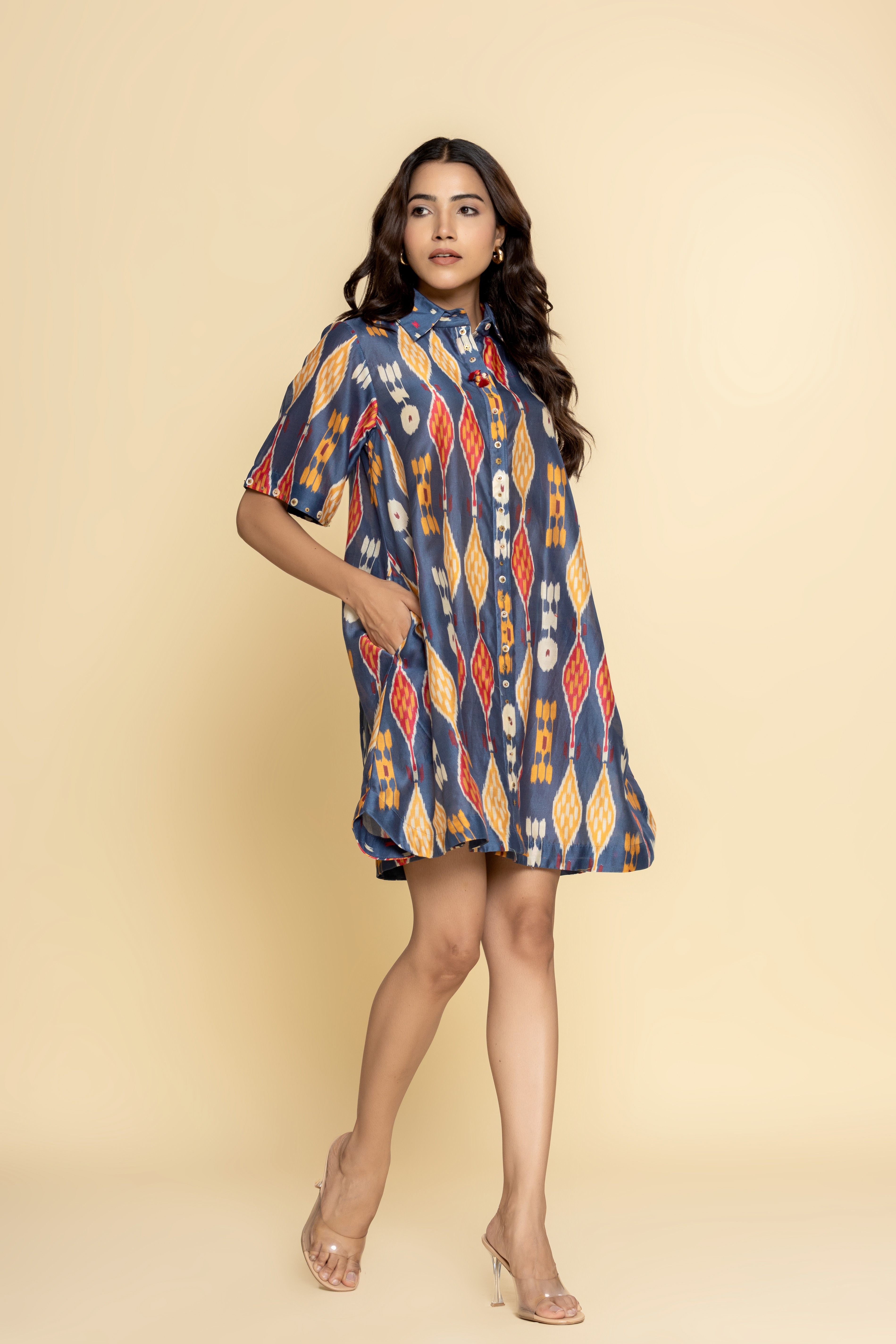 Blue Chanderi printed front open dress