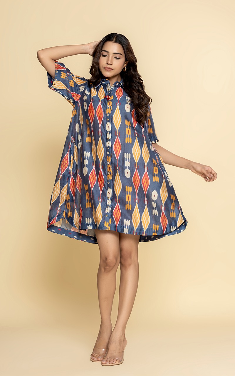 Blue Chanderi printed front open dress
