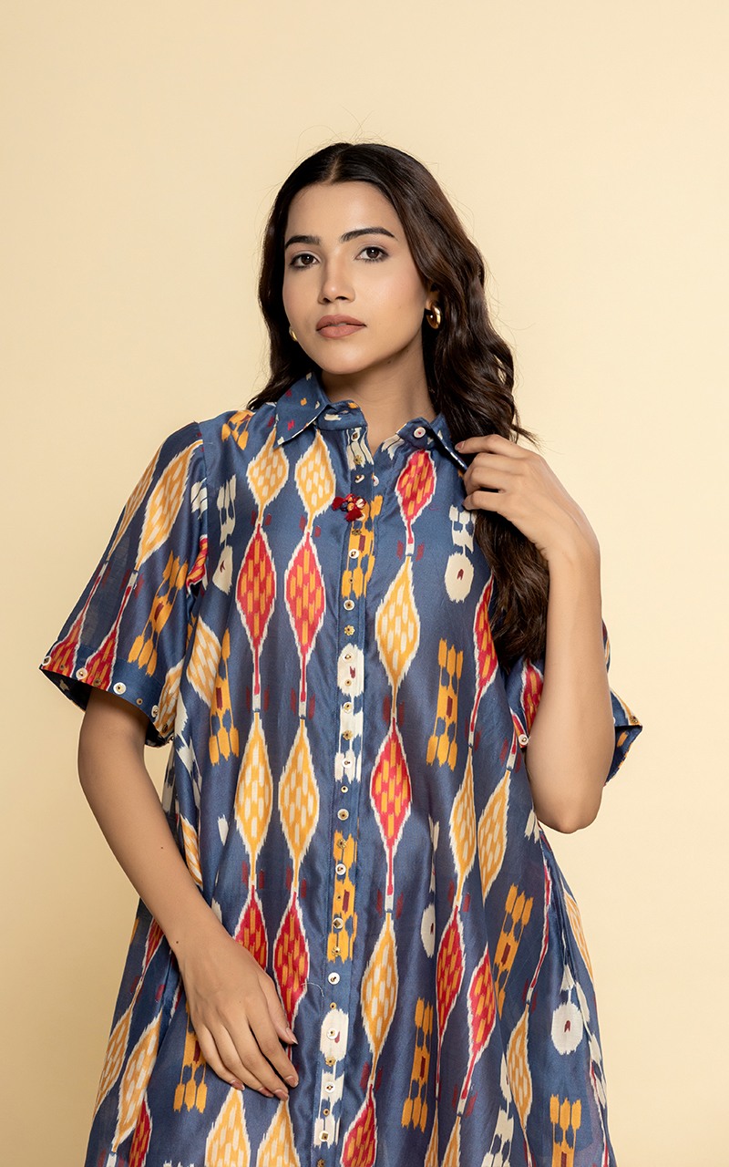 Blue Chanderi printed front open dress