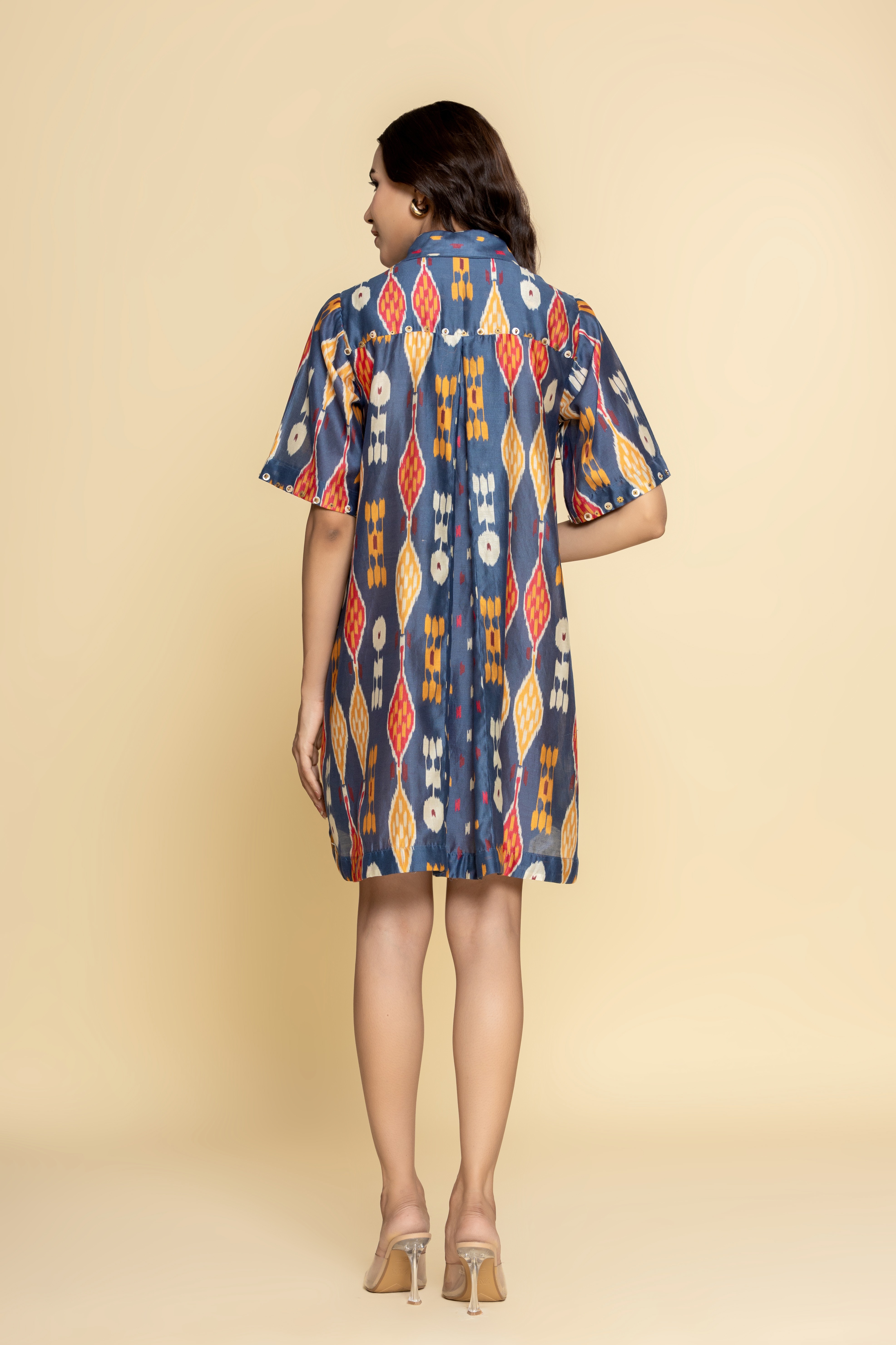 Blue Chanderi printed front open dress
