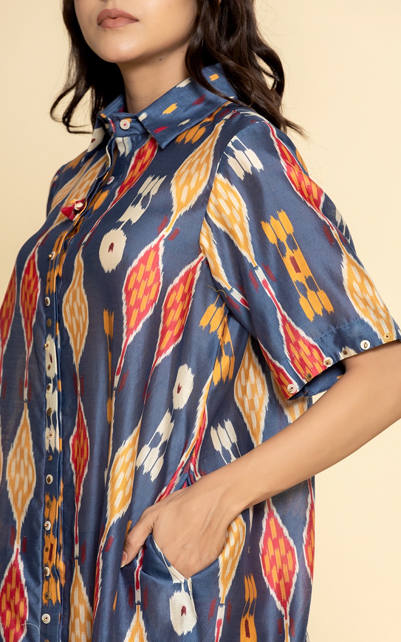 Blue Chanderi printed front open dress