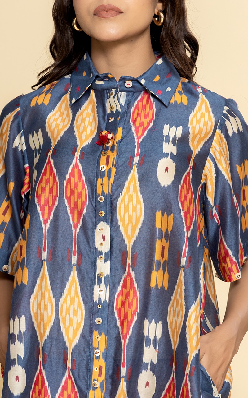 Blue Chanderi printed front open dress