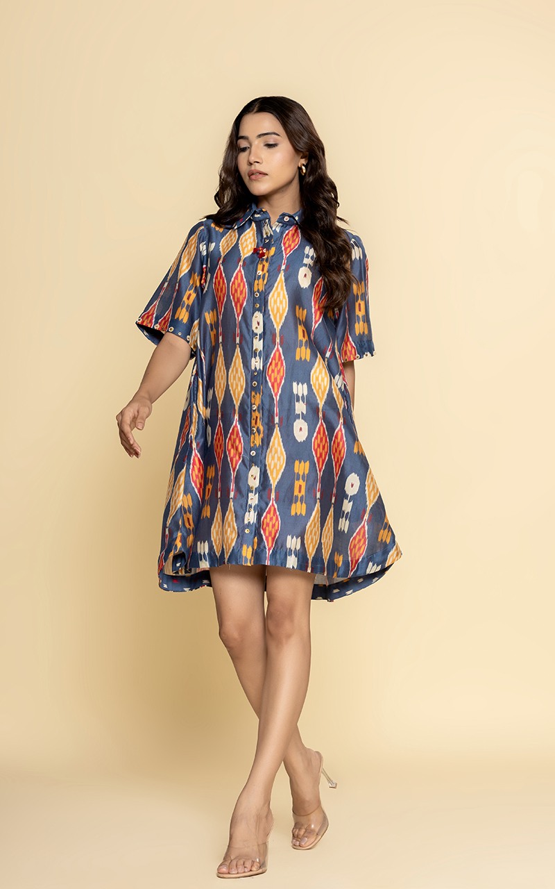 Blue Chanderi printed front open dress