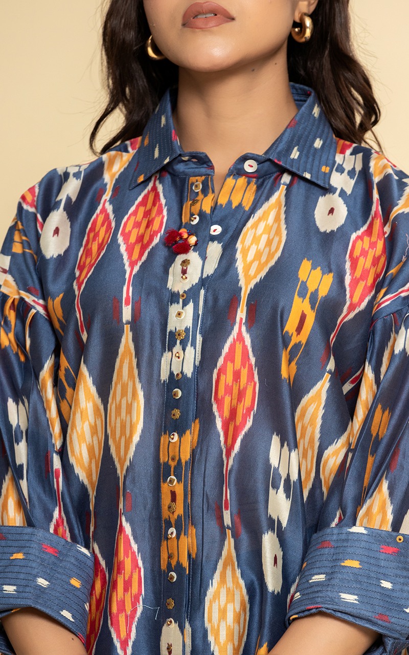 Blue Chanderi printed front open dress