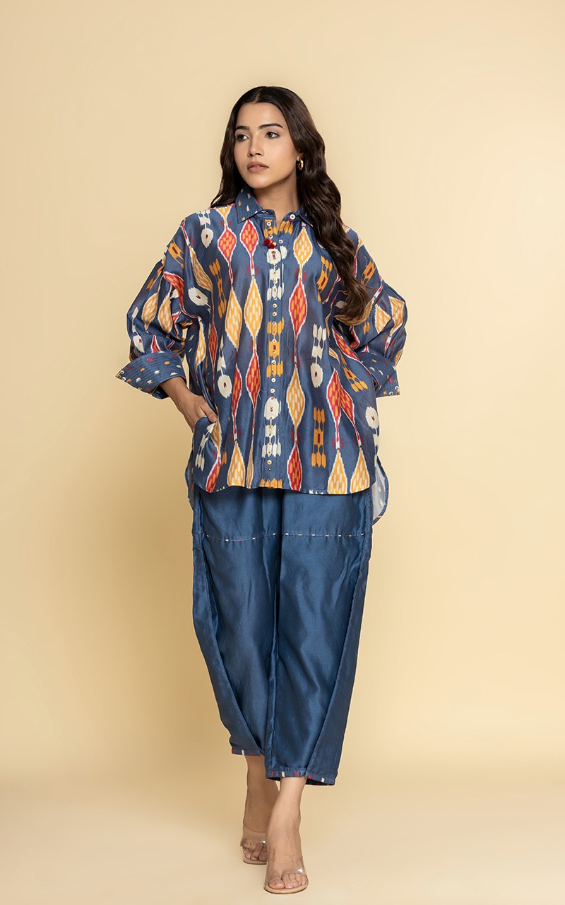 Blue Chanderi printed front open dress