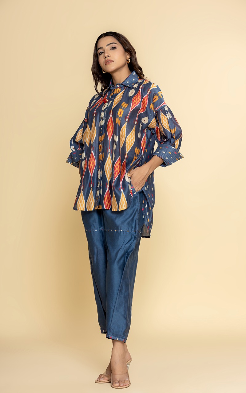 Blue Chanderi printed front open dress