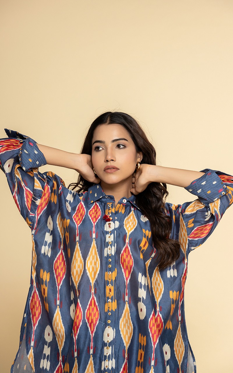 Blue Chanderi printed front open dress
