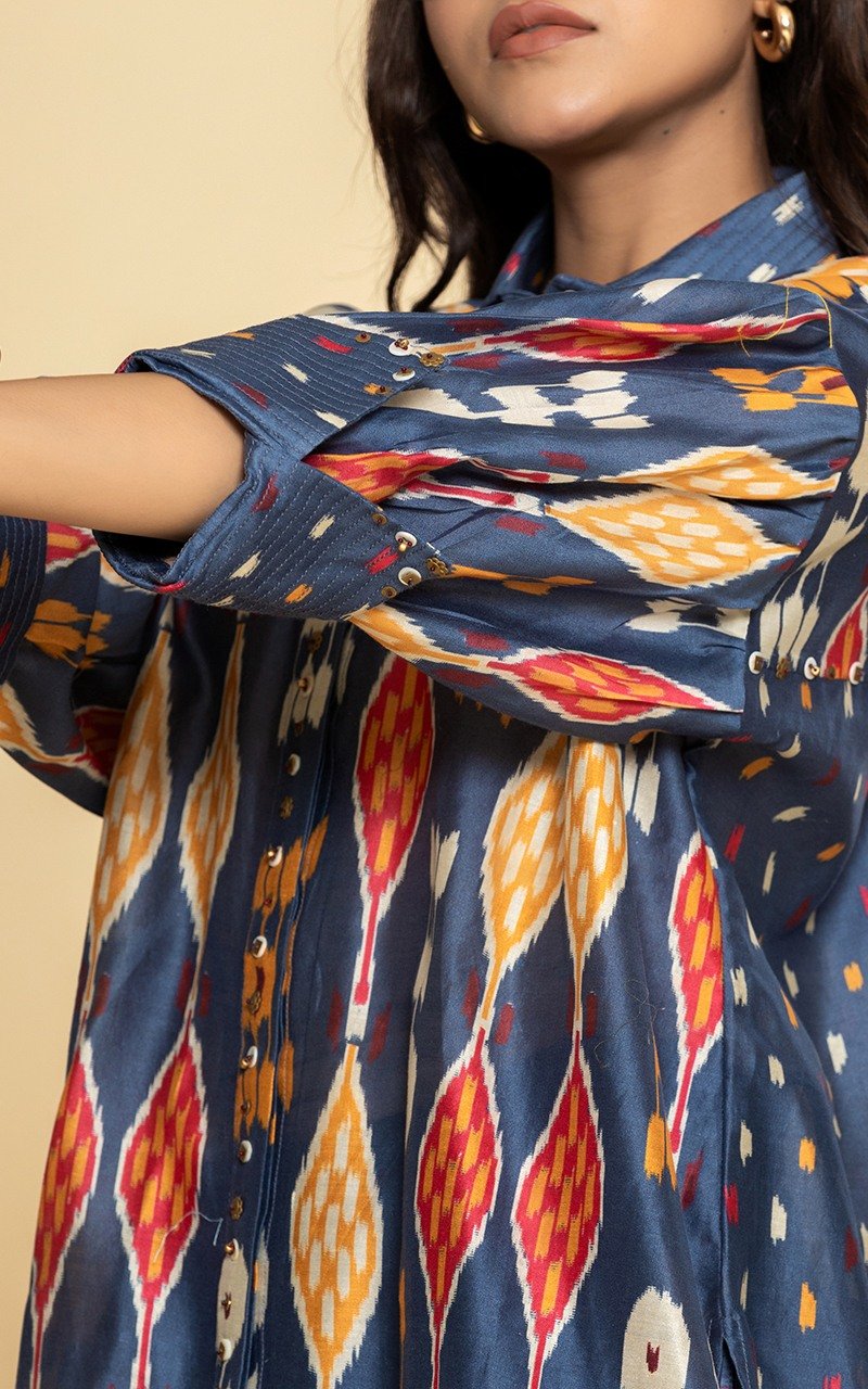 Blue Chanderi printed front open dress