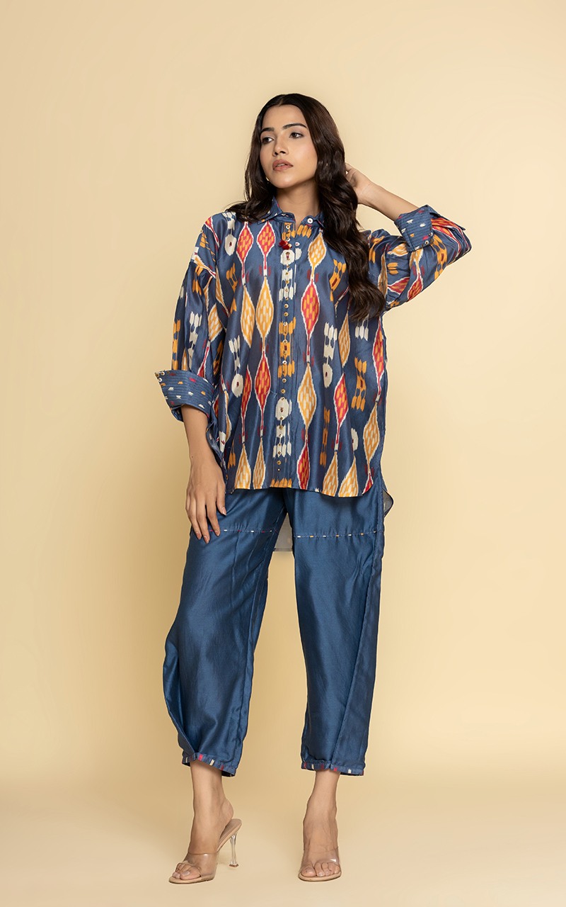 Blue Chanderi printed front open dress