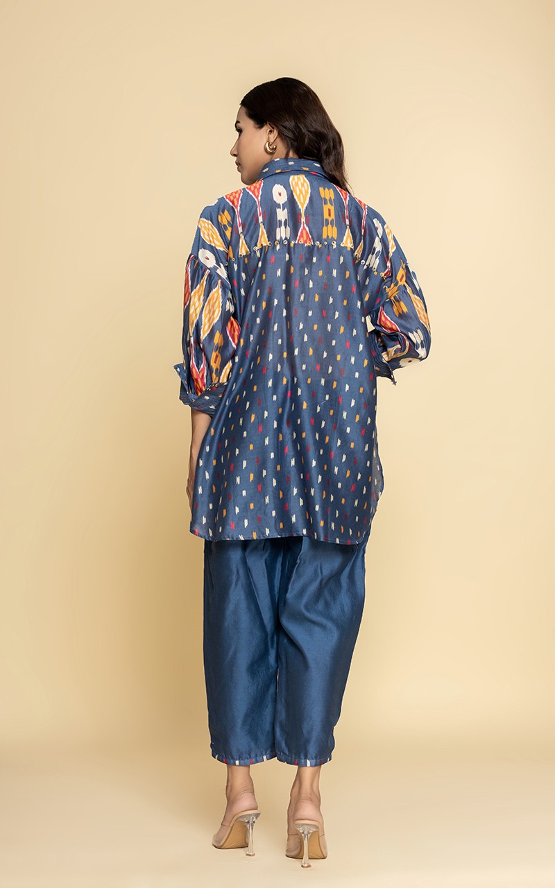 Blue Chanderi printed front open dress